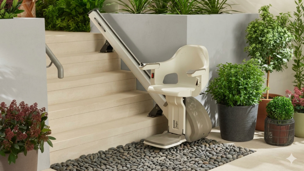 Monte-escalier en extérieur HOMEGLIDE de la marque ACCESS installé par Euro Elevators Benelux